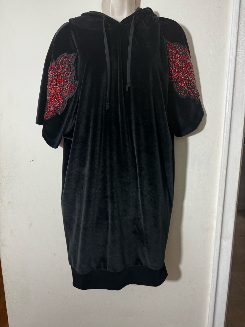 Black Velvet Hoodie Dress with Red Embellished Sleeves
